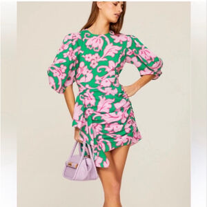 Rhode Pia Green Floral Puff Sleeve Mini Dress